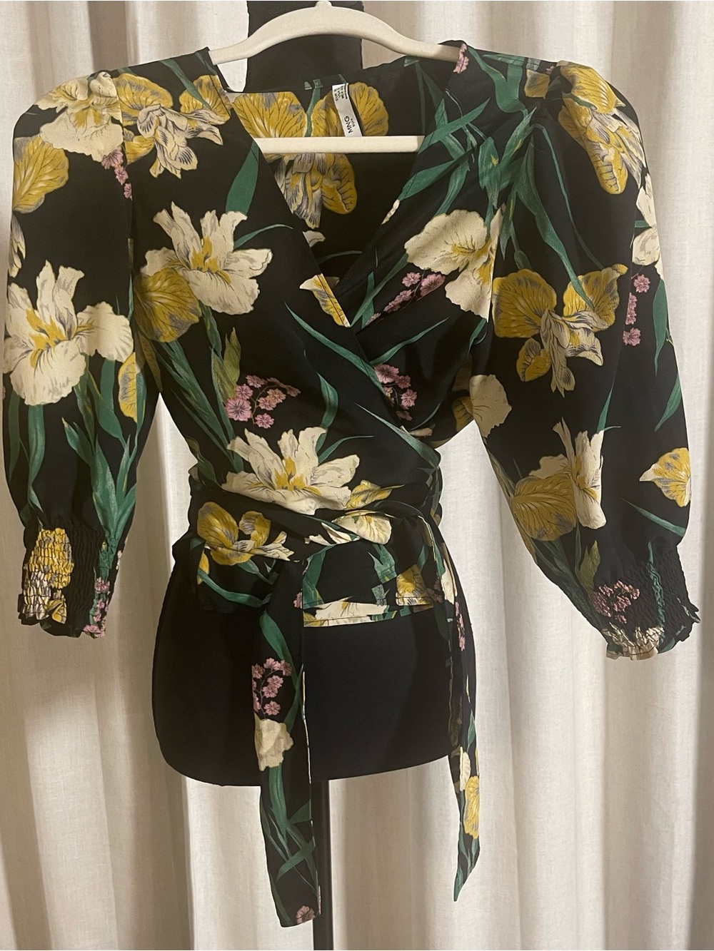 MNG Floral Wrap Blouse - Black with Yellow & Cream Blooms